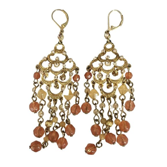 Dangle Drop Chandelier Earrings Gold & Peach Rhinestones - Picture 1 of 3